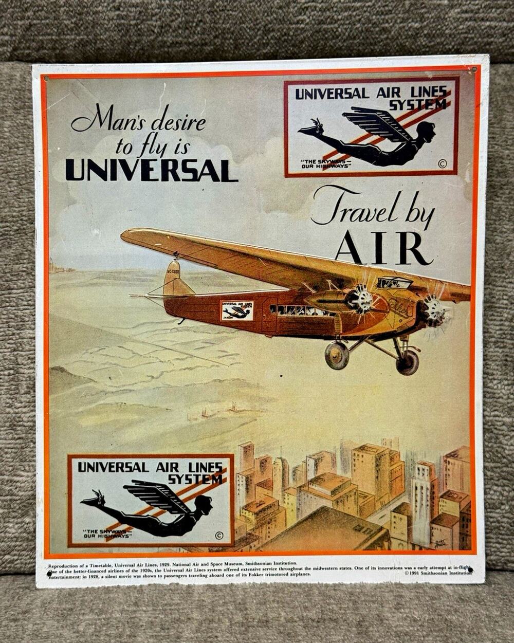 Universal Air Lines System Travel by Air Tin Sign "Man’s desire to fly"